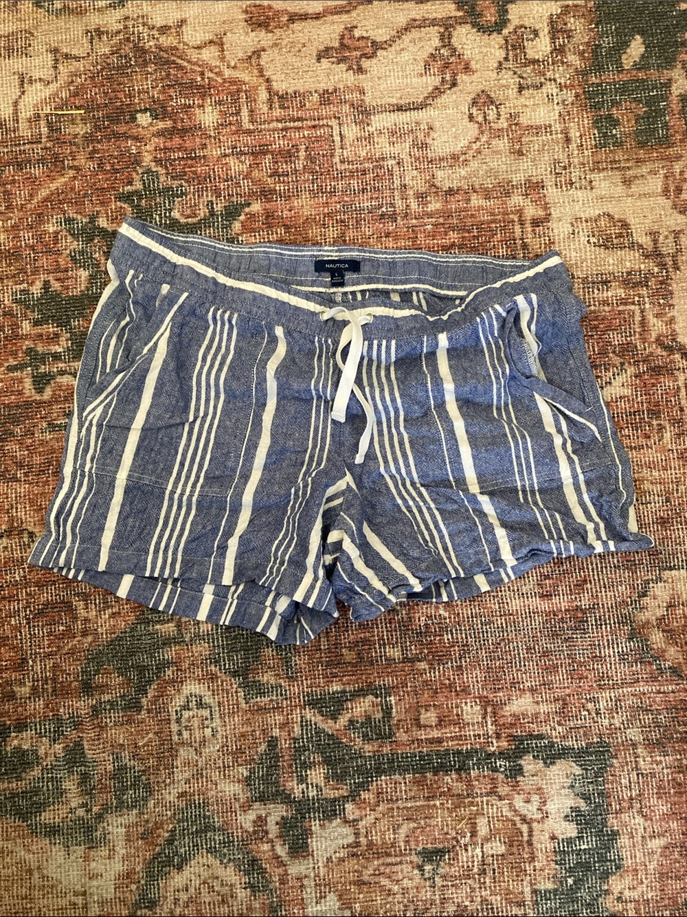 Nautica Blue and White Striped Women's Drawstring Shorts